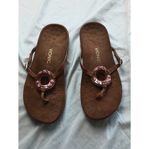 Vionic Women's Ricci Rust Brown Embellished pink 10  Flip flops Summer Beach - Picture 1 of 4